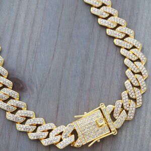 15mm Miami Cuban Ice Point Curb Diamond Chain 18K Gold Plated Necklace